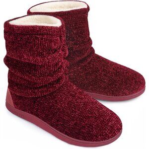 Women's Wine Red Winter Warm Non Slip Knit Memory Foam Slipper Bootie Shoes